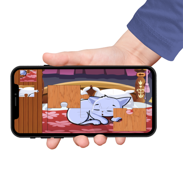 cat puzzle games on iphone screen held by a hand with blue sleeves